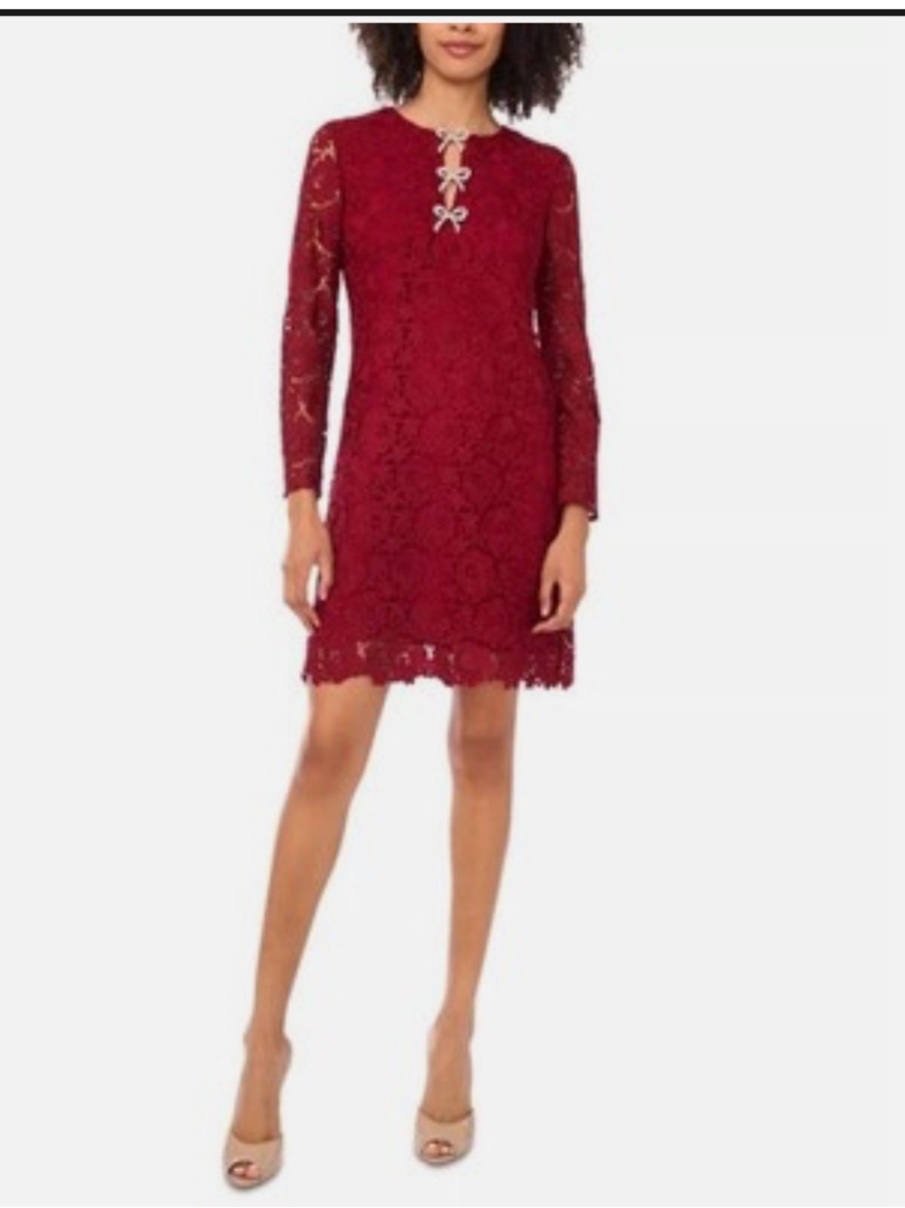CeCe Mulberry Red Lace Dress with Bow Accents - Picture 2 of 12
